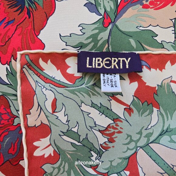 Liberty Silk Scarf Floral Design Hand-Rolled Red, Blue, Green - Picture 2 of 15